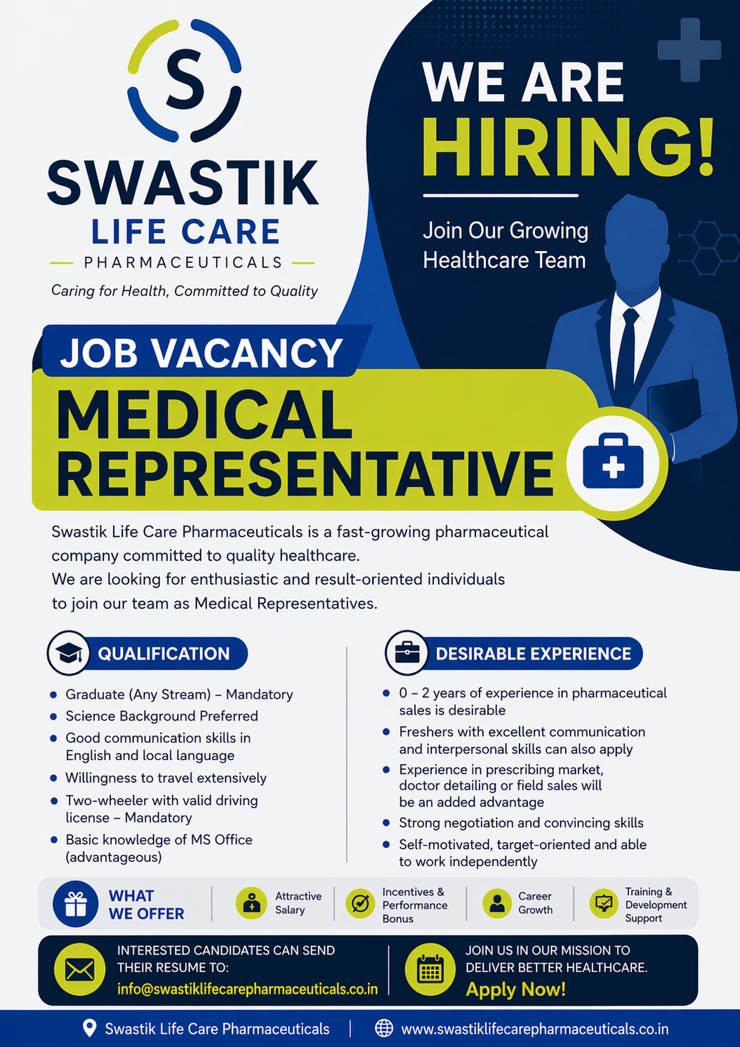 Swastik Life Care Pharmaceuticals Medical Representative job vacancy poster